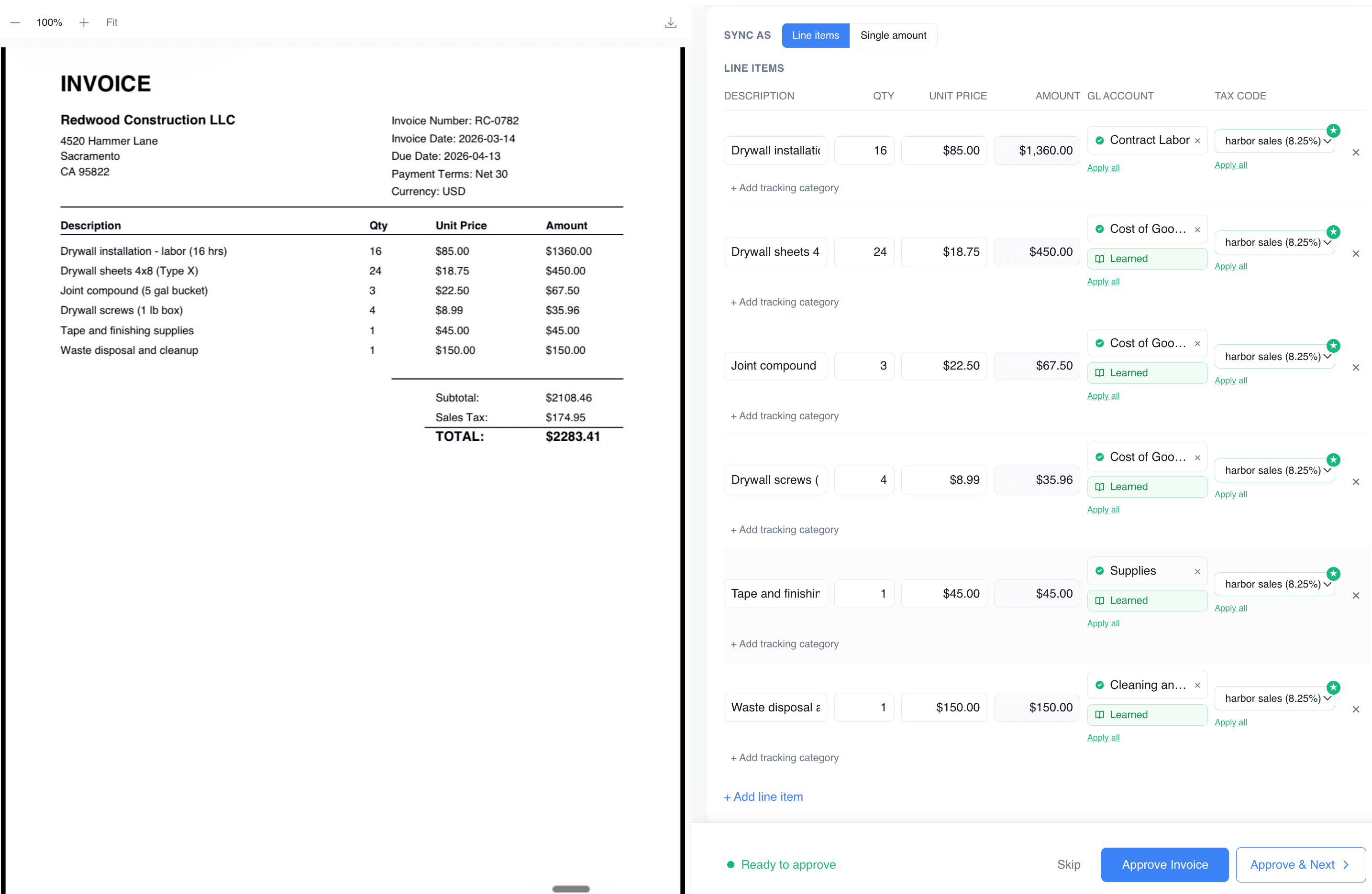 Reviewing an invoice in Dockett: AI-extracted line items with GL accounts and tax codes shown beside the original document, ready to approve and sync to QuickBooks.